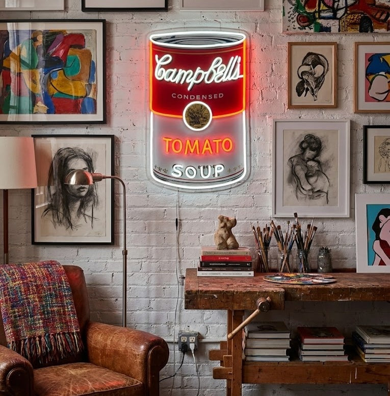 Pop art tomato soup neonskylt displayed in an artist studio