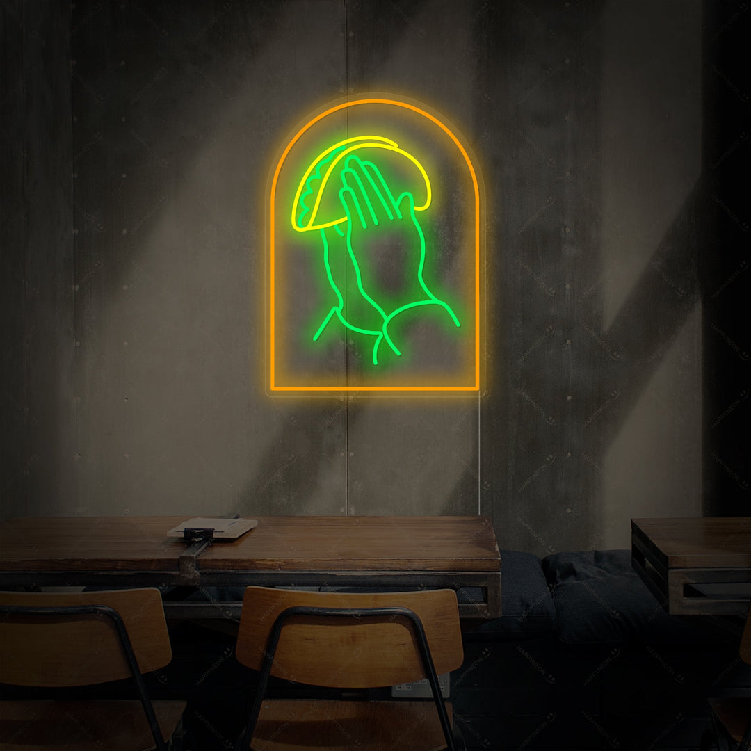 "Bedjande händer med tacos" Neonskylt
