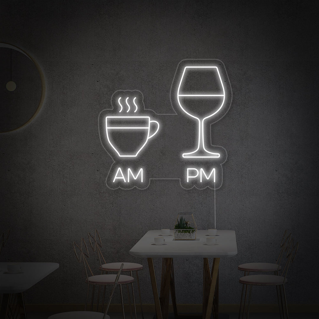 "AM, PM, Kaffekoppar, Vinglas, Bar" Neonskylt