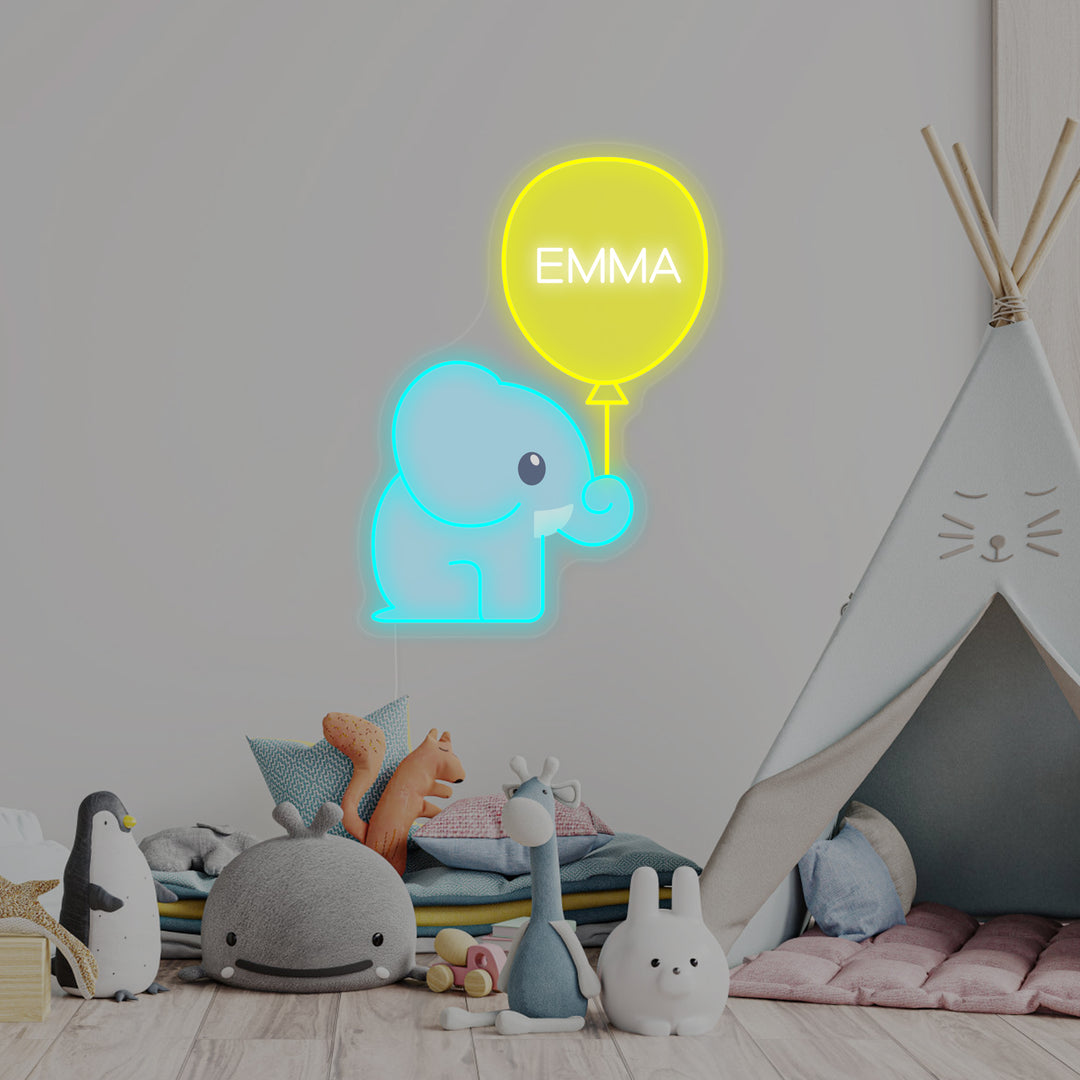 "Anpassat Namn Med Elefant Och Ballong, Dekor För Barnrum" Neonskylt