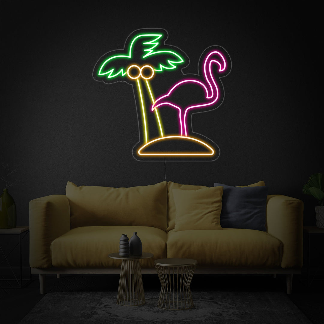 "Flamingo, Palmträd, Strand" Neonskylt