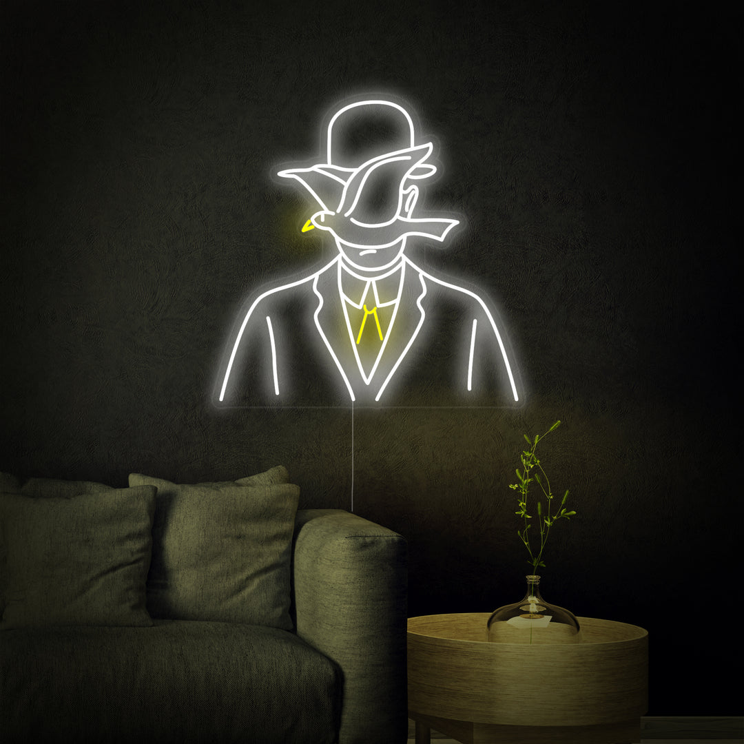 "Man I Bowlerhatt Rene Magritte" Neonskylt