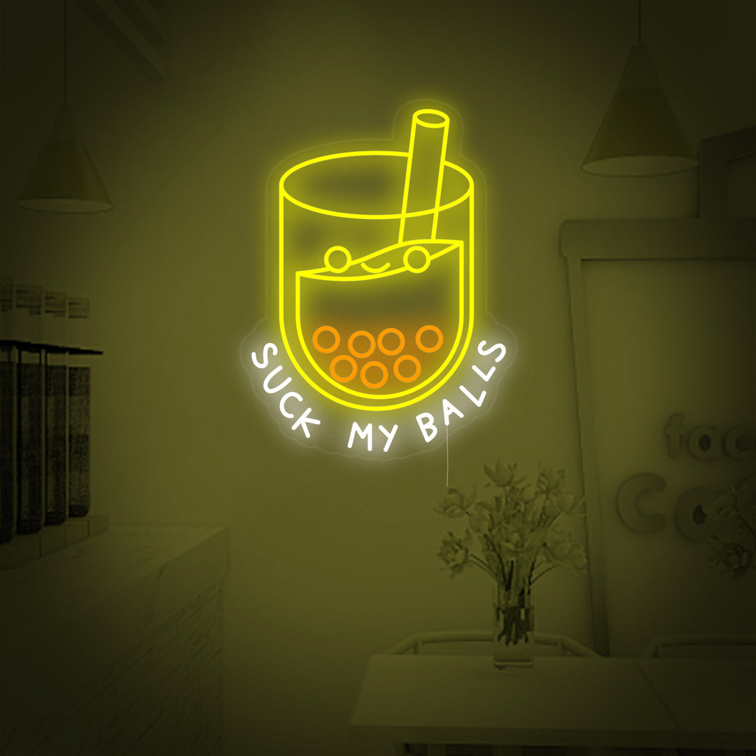 "Suck my balls, Boba-te, boba-älskare" Neonskylt