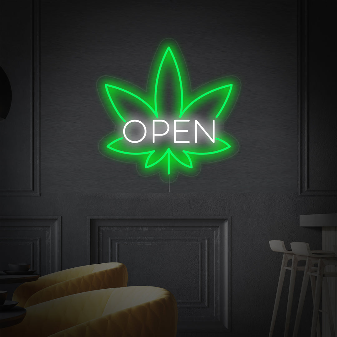 "OPEN, löv Baari" Neonskylt