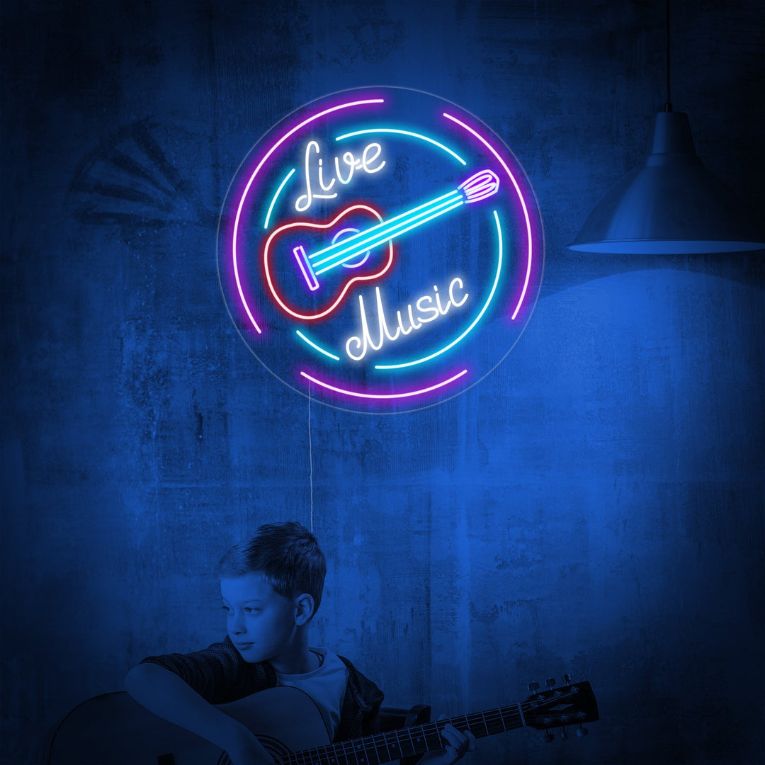 "Live Music, gitarrer" Neonskylt