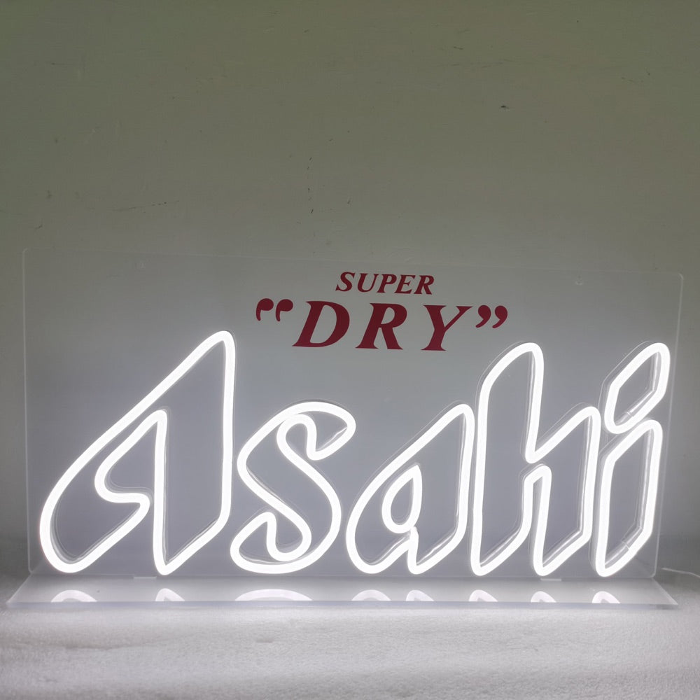 Finished Asahi Super Dry logo neonskylt glowing in white and red