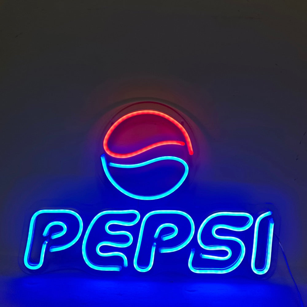Finished Pepsi logo neonskylt glowing in red and blue