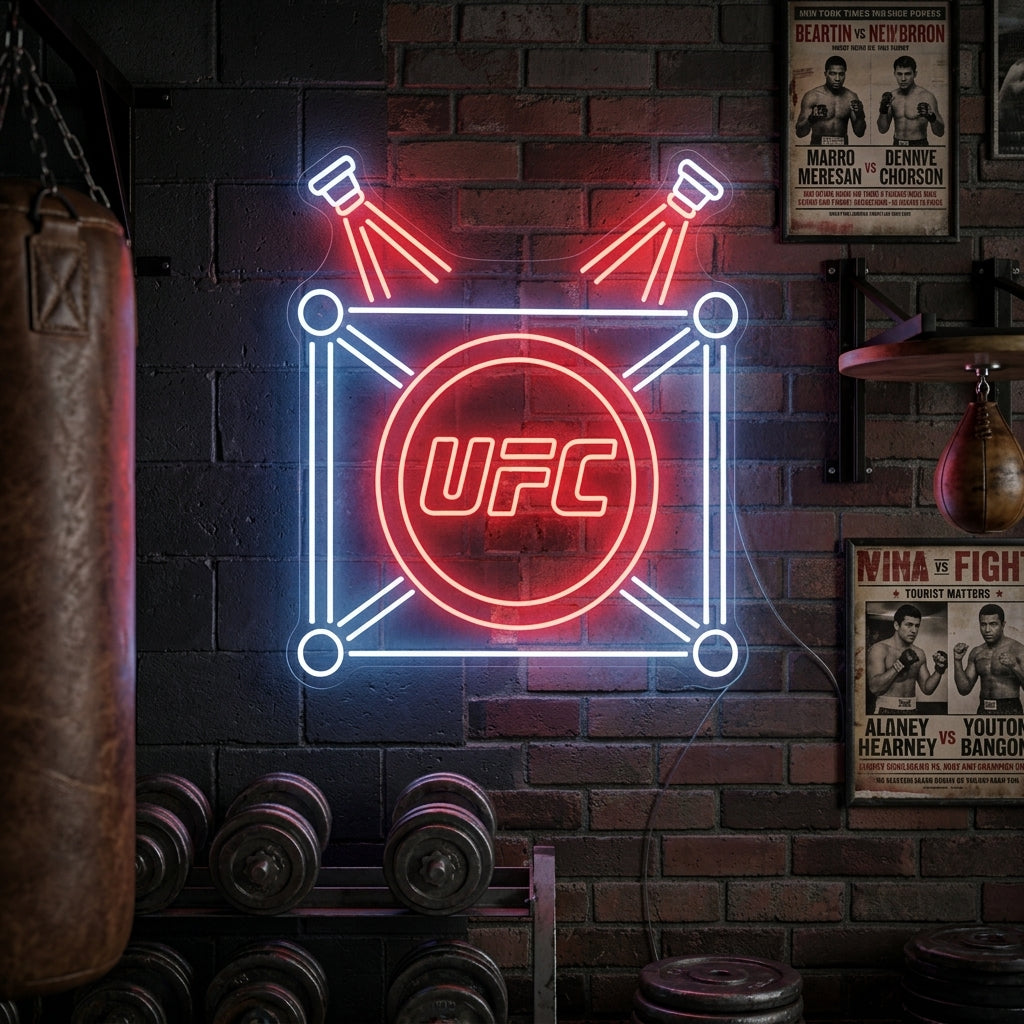 Neon wall sign featuring the UFC octagon with red spotlights, perfect for gyms, fight clubs, and man caves.