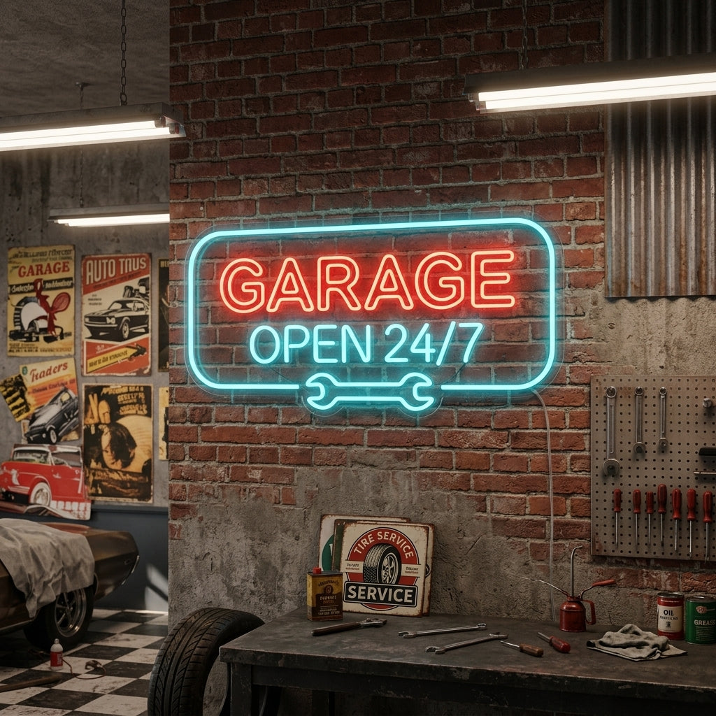 Classic neon sign reading “Garage Open 24/7” with red and blue neon, including wrench design, perfect for workshops and car garages.