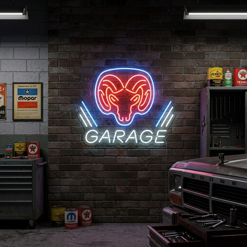 Neon wall light with the Dodge Ram head logo and the word “Garage,” perfect for car enthusiasts, workshops, and garages.