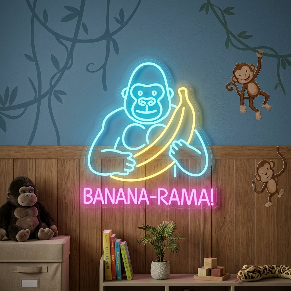 Neon sign of a gorilla holding a banana with “BANANA-RAMA!” text in pink, playful design for kids rooms.