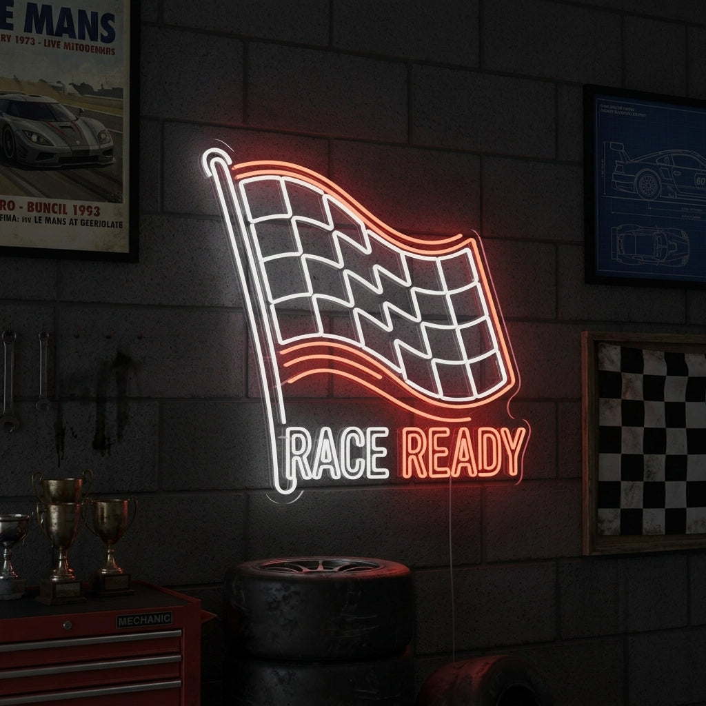 Neon sign with a checkered racing flag and text “Race Ready,” ideal for motorsport fans.
