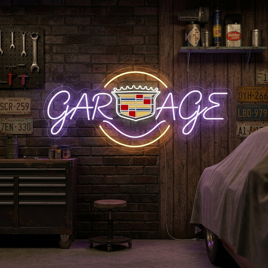 Neon sign with Cadillac crest integrated into the word “Garage,” stylish for auto shops and garages.
