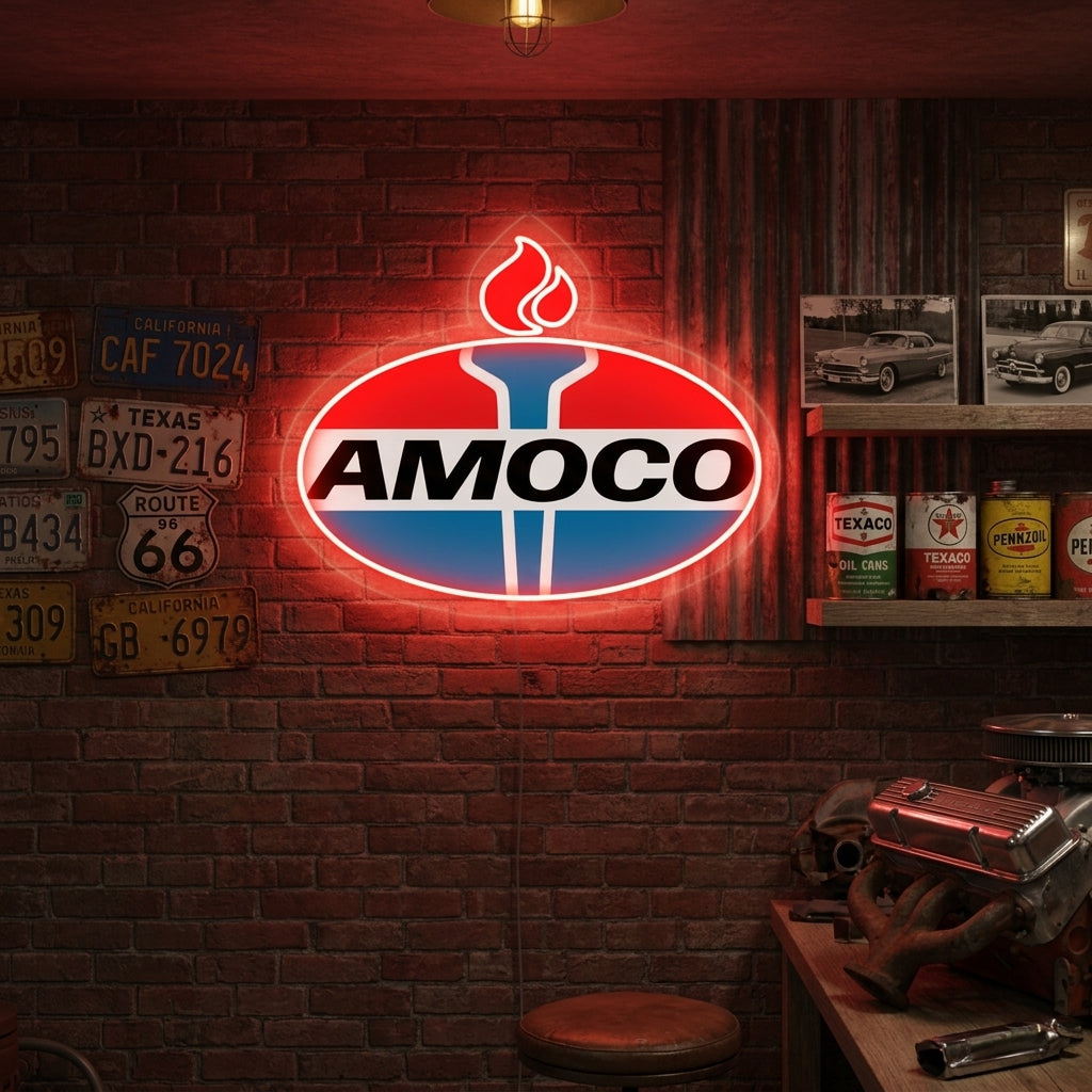 Red and blue Amoco torch logo neon sign for retro-style garages, bars, or man caves.