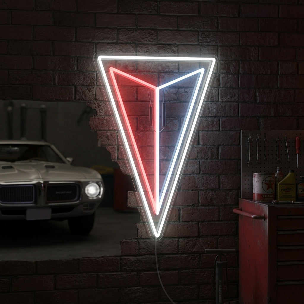 Triangular red, white, and blue neon sign inspired by Pontiac’s vintage car emblem, perfect for auto lovers.