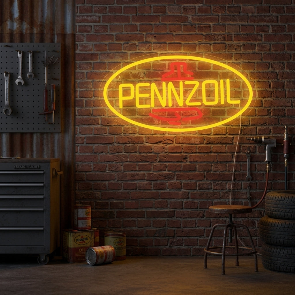 Yellow and red Pennzoil oval neon sign, inspired by classic gas stations, perfect for garage or auto shop decor.
