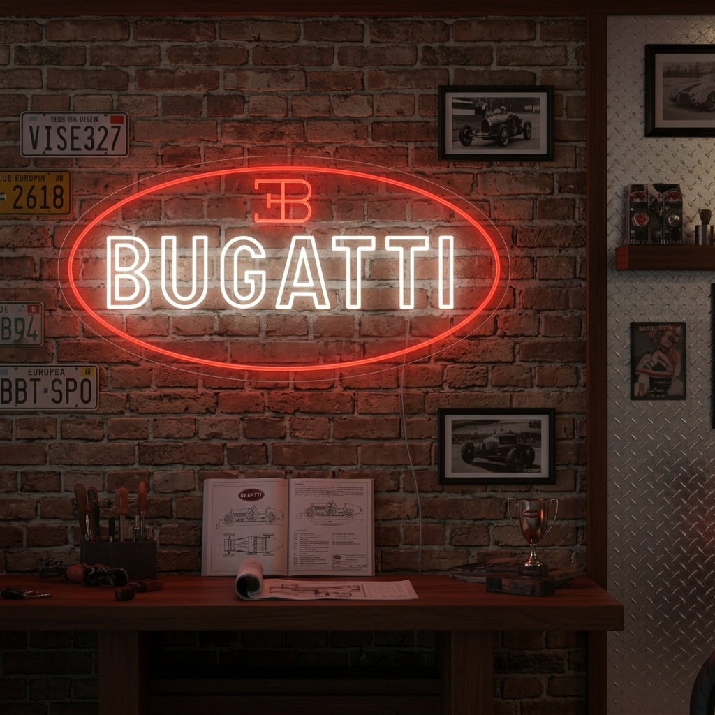 Red and white Bugatti oval neon sign, perfect for luxury car garages and collectors.