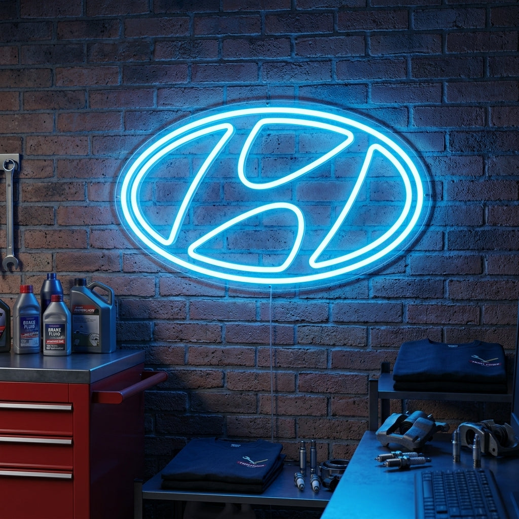 Blue Hyundai oval logo neon sign, great for car showrooms and home garages.