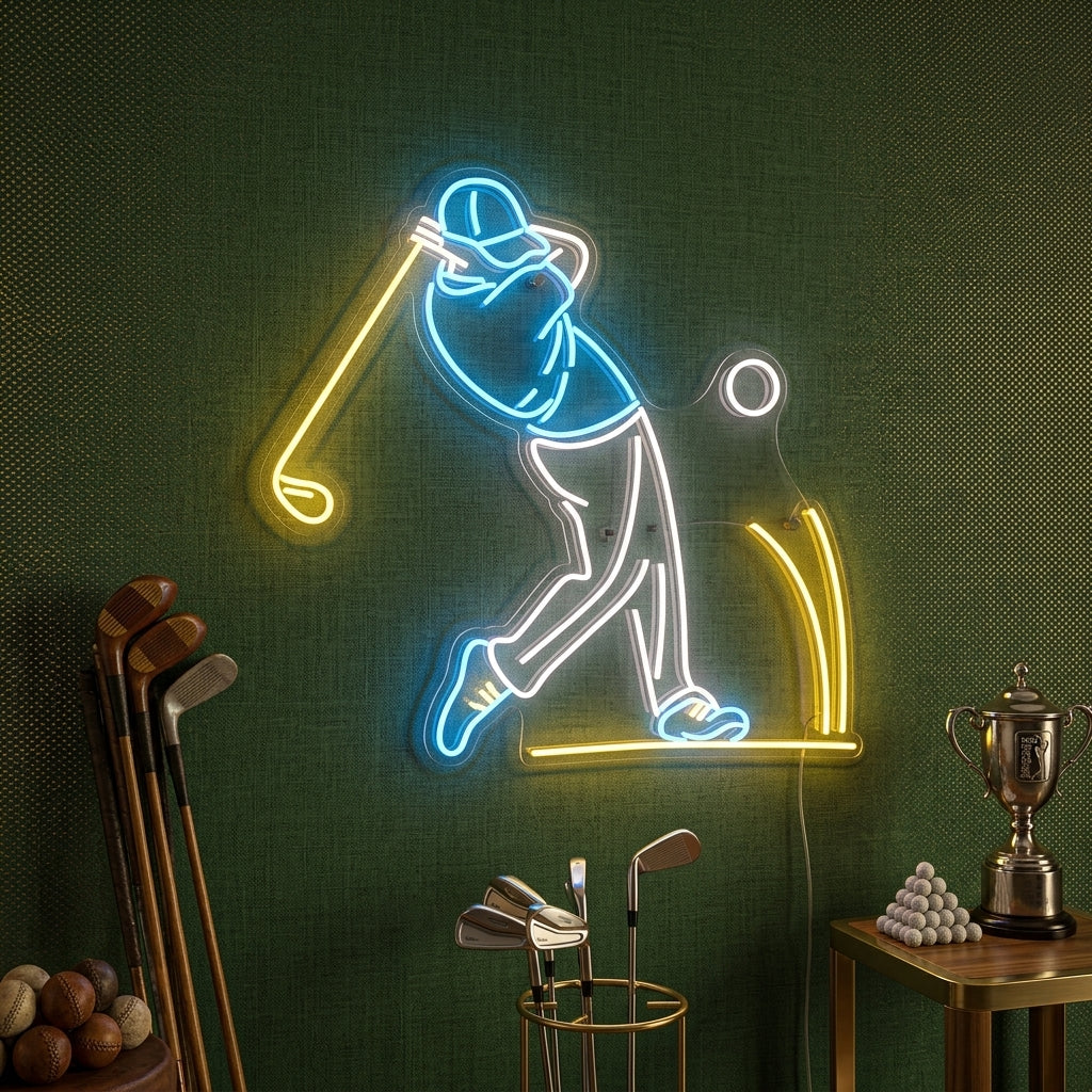Blue and yellow neon sign of a golfer mid-swing, ideal for sports bars or golf-themed rooms.