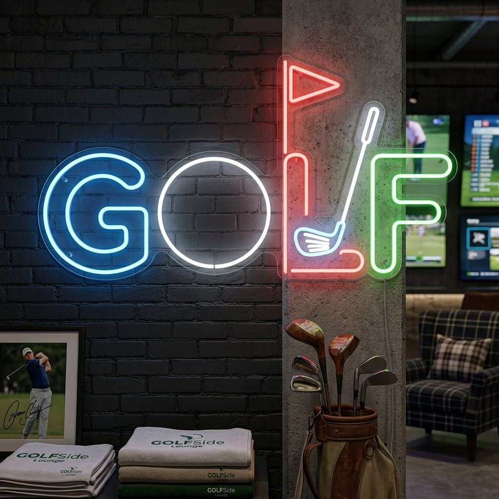 Multicolor neon sign spelling “GOLF” with club and flag design, perfect for golfers and sports lovers.