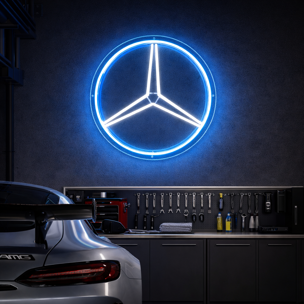 Blue and white Mercedes three-pointed star neon sign, perfect for car lovers and modern garages.