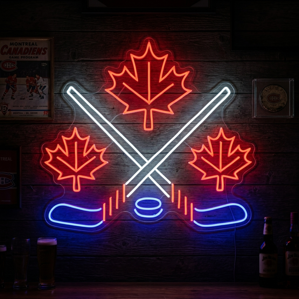 "Lönnlöv Med Korsade Hockeyklubbor" Neonskylt