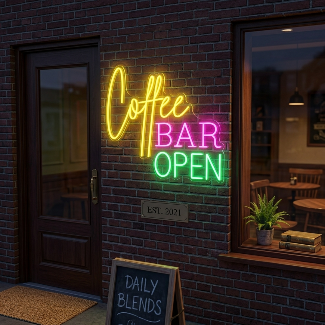 "Coffee Bar Open" Neonskylt