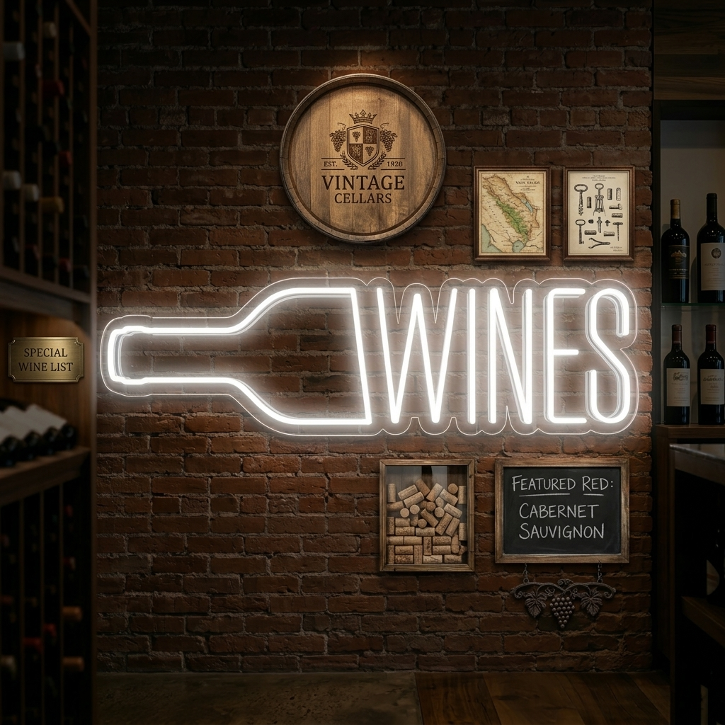 "Wine, Vinflaska, Baari" Neonskylt
