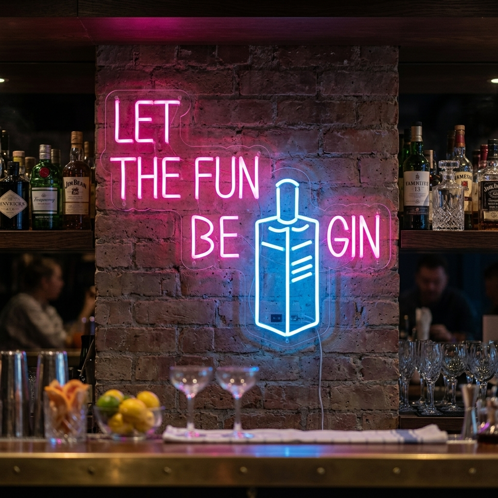 "Let Fun Be Gin Flaska Ölbar" Neonskylt