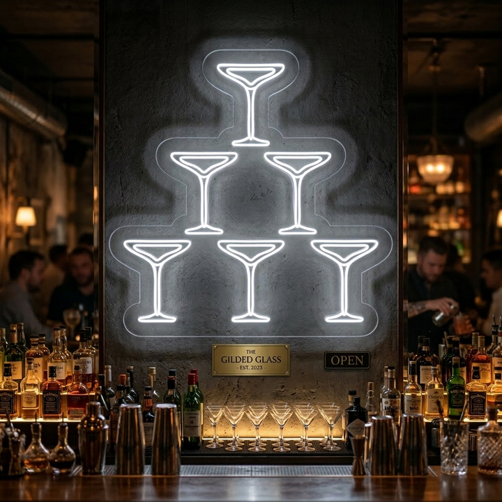 "Champagneglas, Pyramid, Bar" Neonskylt