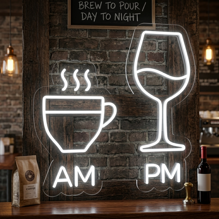 "AM, PM, Kaffekoppar, Vinglas, Bar" Neonskylt