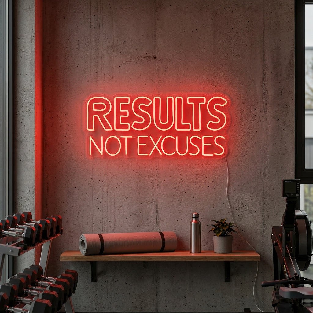 "Results Not Excuses, Gymdekor, Gymcitat, Fitnesscitat, Träningscitat" Neonskylt