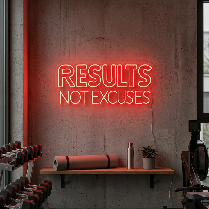 "Results Not Excuses, Gymdekor, Gymcitat, Fitnesscitat, Träningscitat" Neonskylt