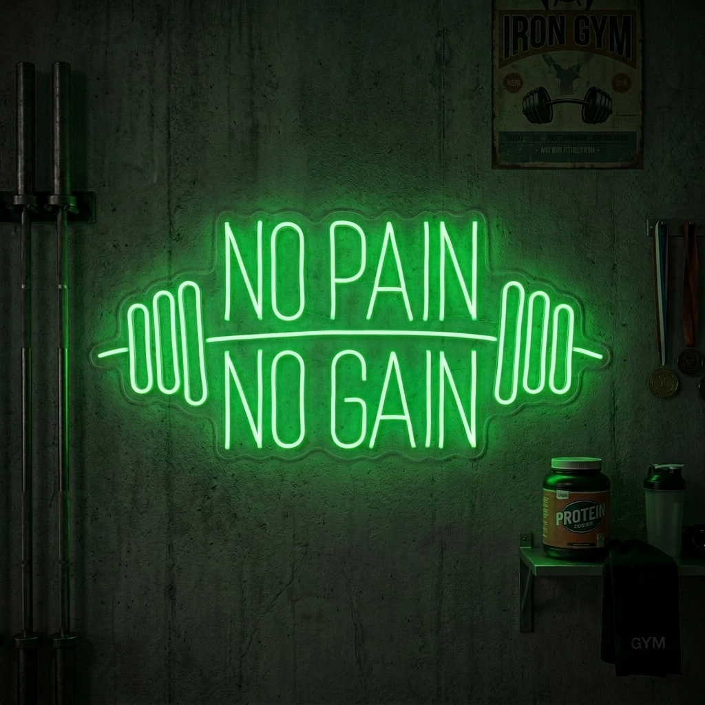 "No Pain No Gain, Gymdekor, Gymcitat, Fitnesscitat, Träningscitat" Neonskylt