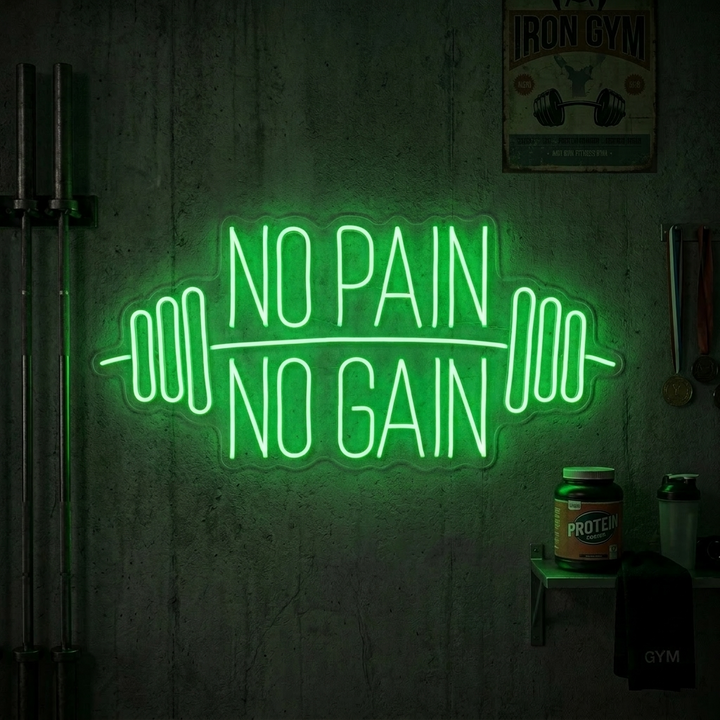 "No Pain No Gain, Gymdekor, Gymcitat, Fitnesscitat, Träningscitat" Neonskylt