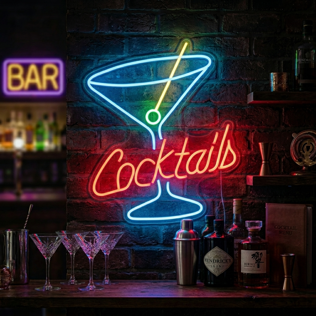 "Cocktails, Martini Glas, Logga Öl" Neonskylt