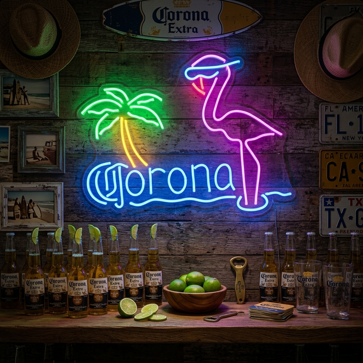 "Rosa Flamingo Palm Träd Öl Bar" Neonskylt