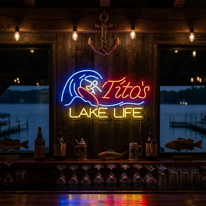 "Titos Lake Life Ölbar" Neonskylt