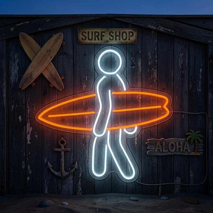 "Man Som Bär Surfbräda I Surfningssporten" Neonskylt