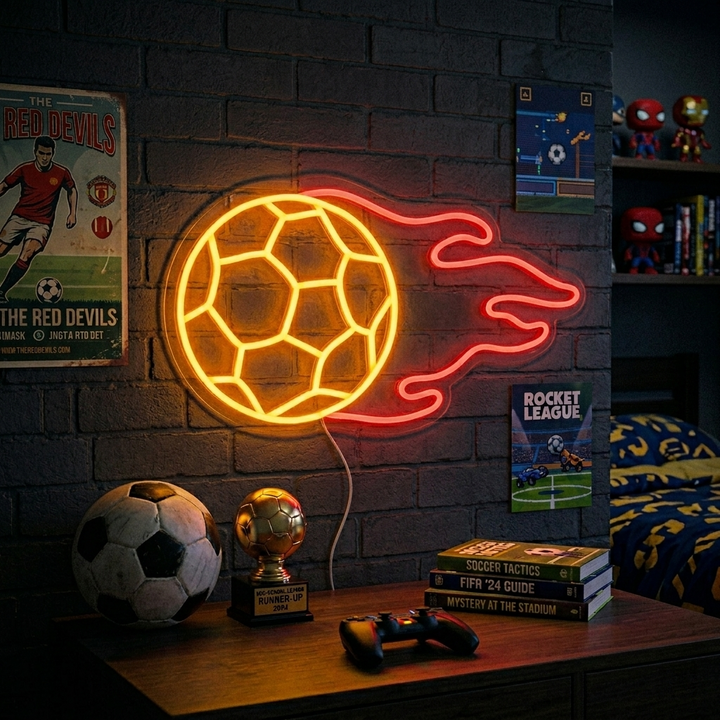 "Fotboll Med Flamma" Neonskylt