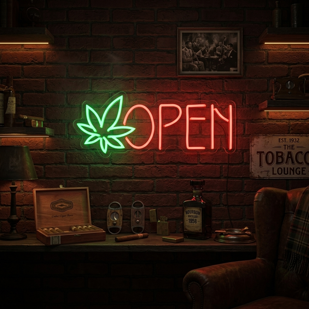 "open, dispensary, marihuanaleaf" Neonskylt