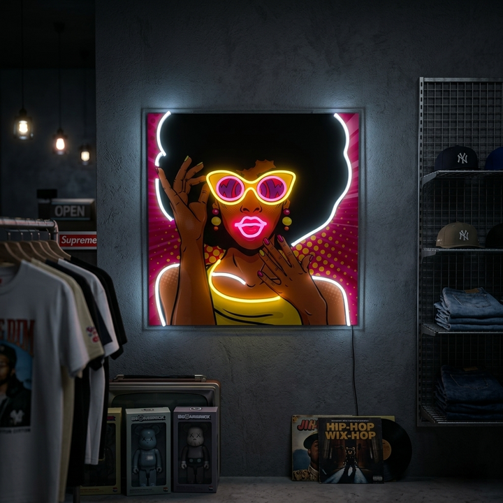"Afroamerikansk flicka från 50-talet, popkonst" UV-tryckt LED-neonskylt