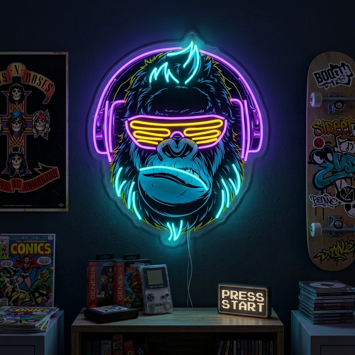 "Cyberpunk apa med hörlurar, inredning i spelrum" UV-tryckt LED-neonskylt