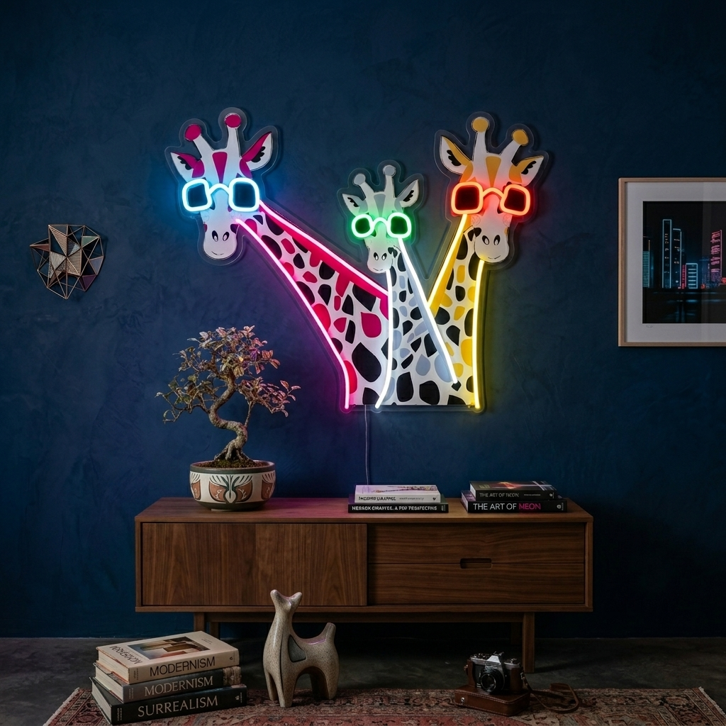 "Roliga giraffer med solglasögon" UV-tryckt LED-neonskylt