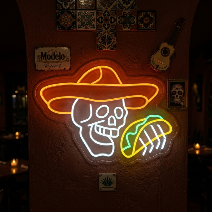 "Dödskalle med tacos" Neonskylt