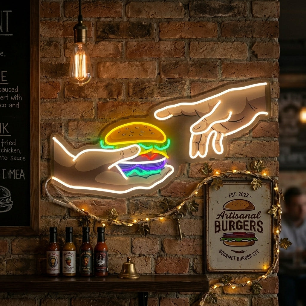 "Händer med hamburgare" Neonskylt