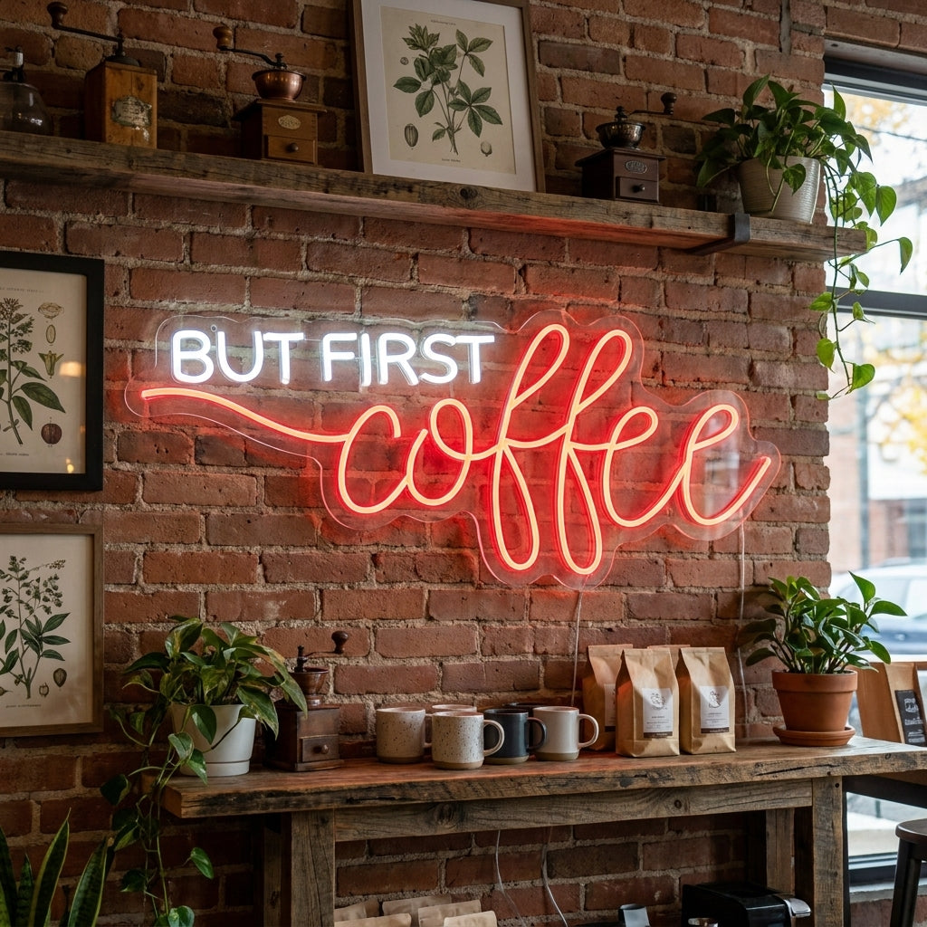 "But First Coffee" Neonskylt