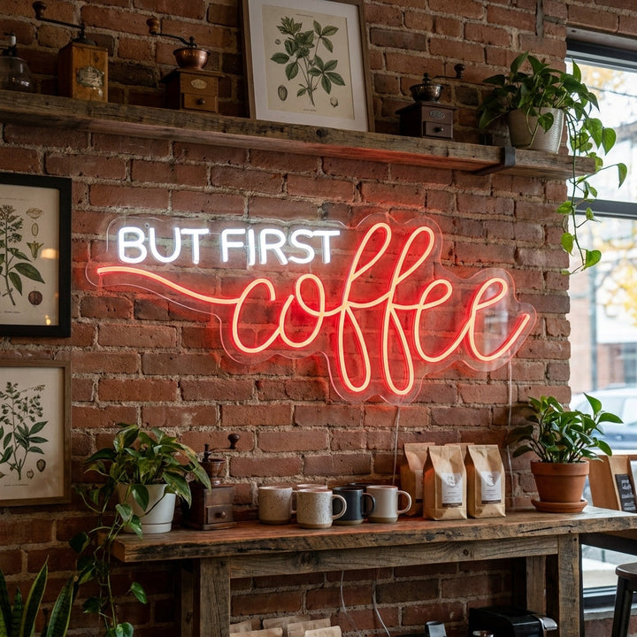 "But First Coffee" Neonskylt