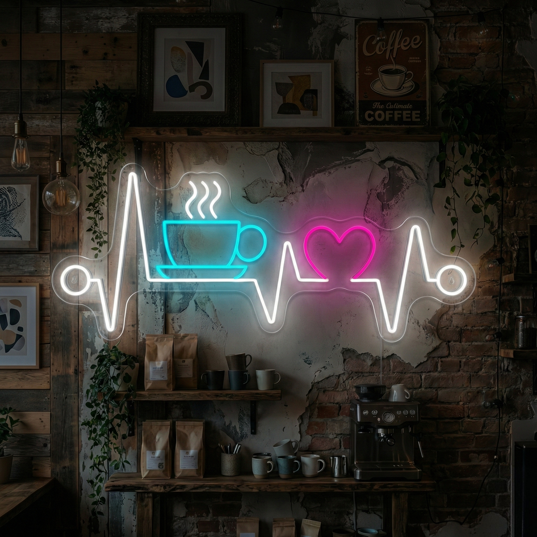 "Hjärtslag med kaffe" Neonskylt