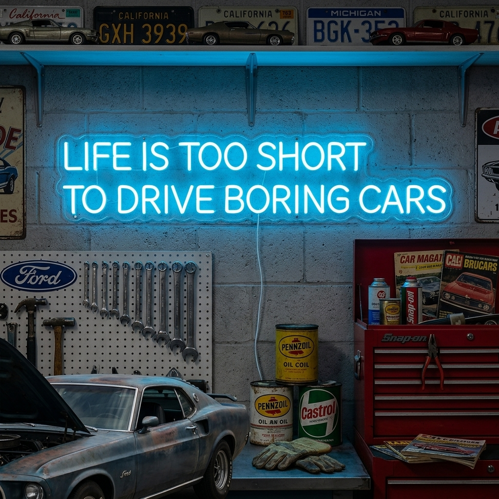 "Life Is Too Short To Drive Boring Cars" Neonskylt